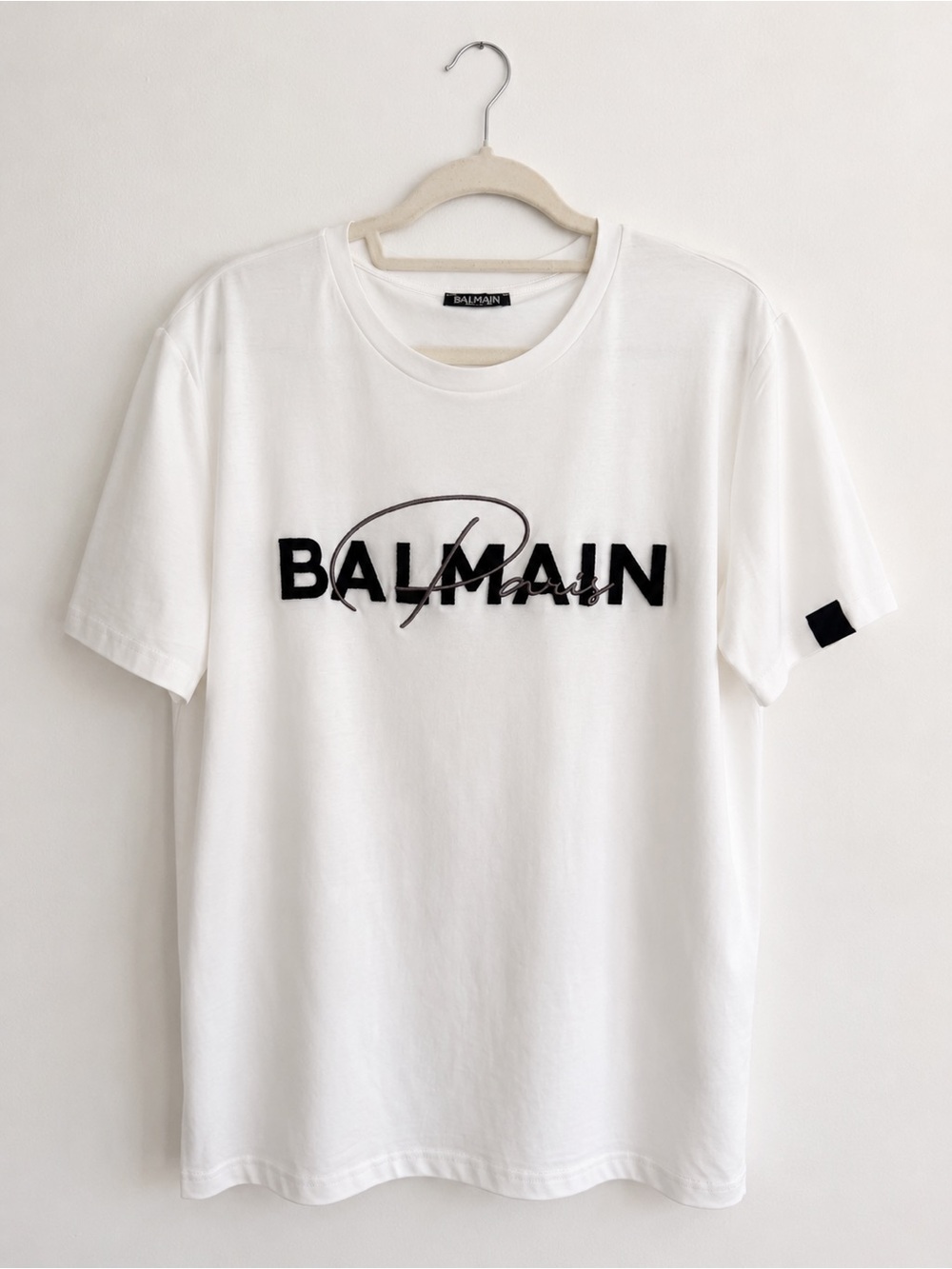 Balmain White Short Sleeve Logo Tee with Black Script